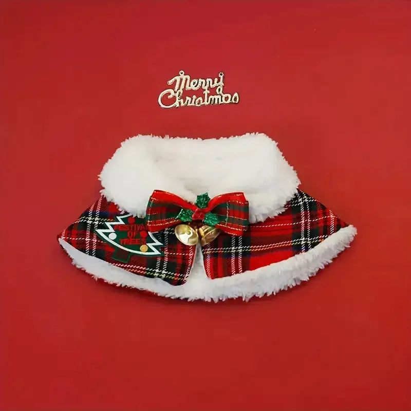 Red polyester dog scarf with bell pattern, sized M for pets approx. 5kg, worn for Christmas.