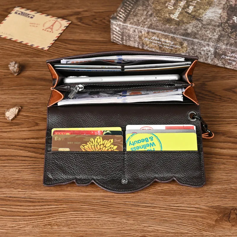 Retro brown women's tri-fold leather wallet with an embossed floral pattern, shown open and closed.