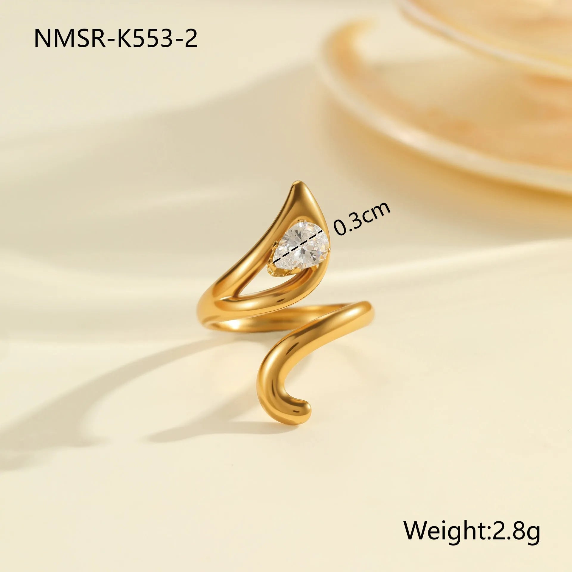 Geometric stainless steel open-mouth zircon ring for women in a silver tone.