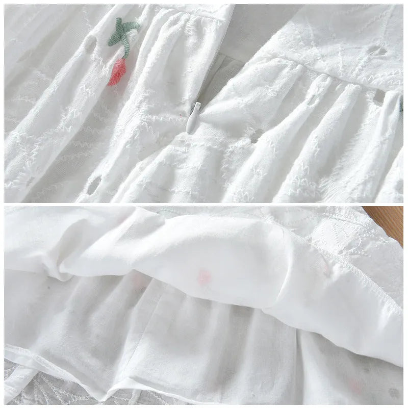 Girls summer floral sleeveless vest dress with full skirt and cotton lining in white small flowers
