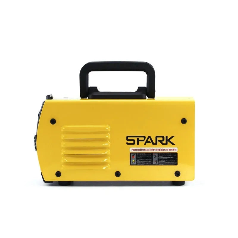 MMA-200MIN compact 220 volt DC inverter stick welding machine with electrode holder and face shield on a workbench.