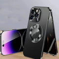 Magnetic iPhone case with anti-peep metal clip in black, blue, gold, purple, and silver colour options.