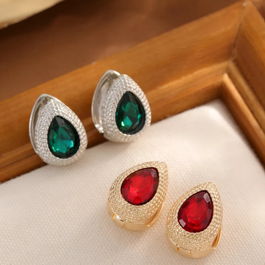 Zircon water drop earrings with durian texture, available in green or red, fashion dangle jewellery for women