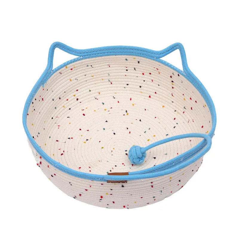 Hand-woven cotton and hemp rope cat nest bed shown in small, medium, and large sizes.