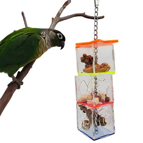 Clear acrylic bird foraging toy tube, 32 cm long, for hiding treats for parrots.
