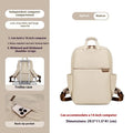 Women's nylon travel backpack showing laptop compartment and multiple internal organisers in apricot colour