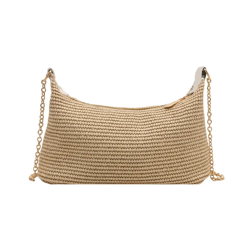 Woven straw crossbody handbag in horizontal square shape with phone compartment