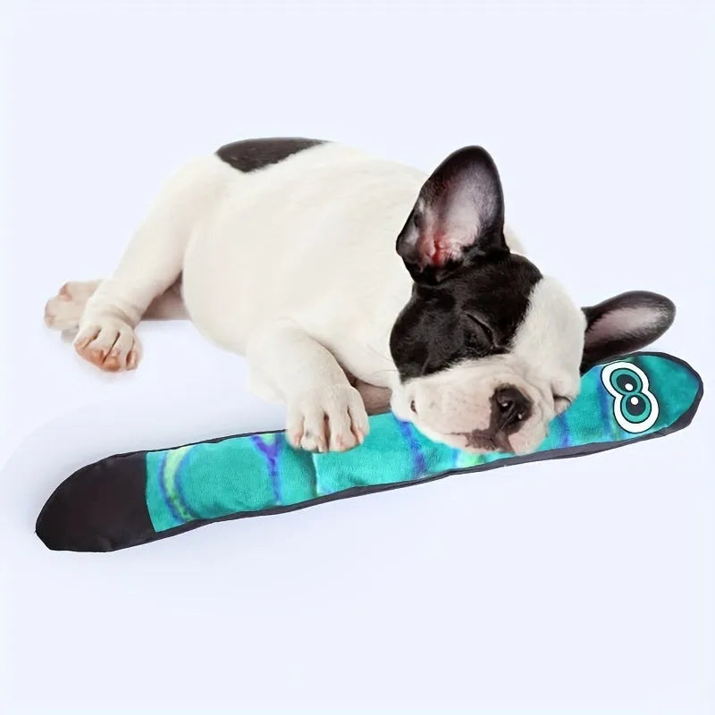 Multicolour stripe print snake plush dog squeaky toy on white background.