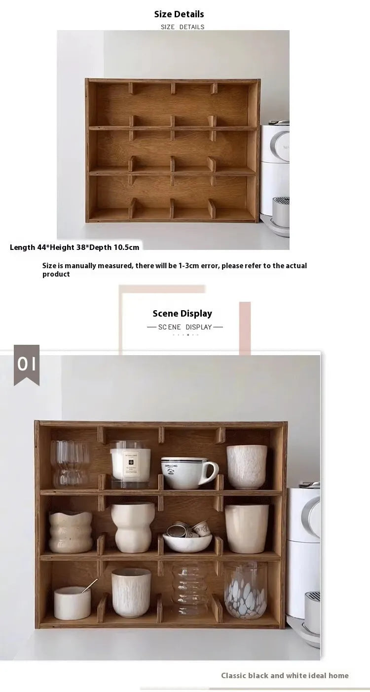 Solid birch wood cup storage rack with square compartments organising mugs on kitchen counter