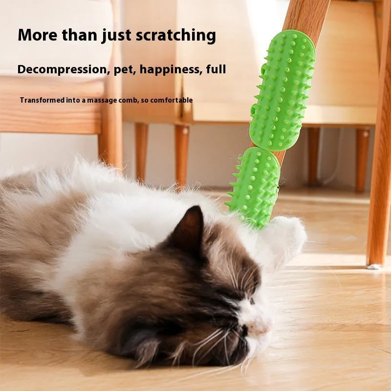 Silicone cat grooming comb with adjustable strap mounted on a furniture leg