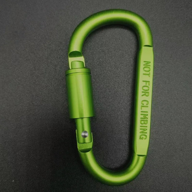 Aluminium D-type screw-lock carabiner in red, showing its 8cm size and flat-sided shape.