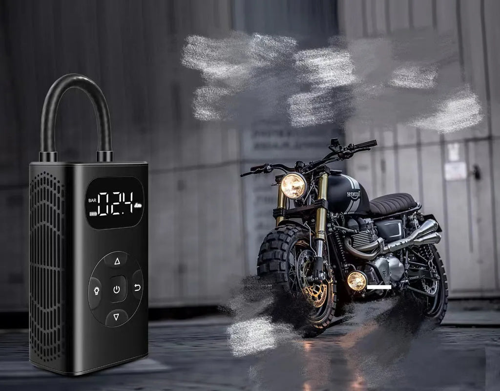 Black cuboid portable power bank tyre inflator with USB cable and extended inflation tube