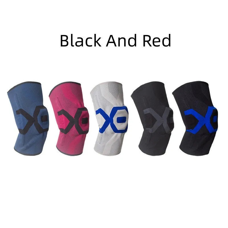 Men's silicone knee pads for sports in black and blue, shown from a front view.