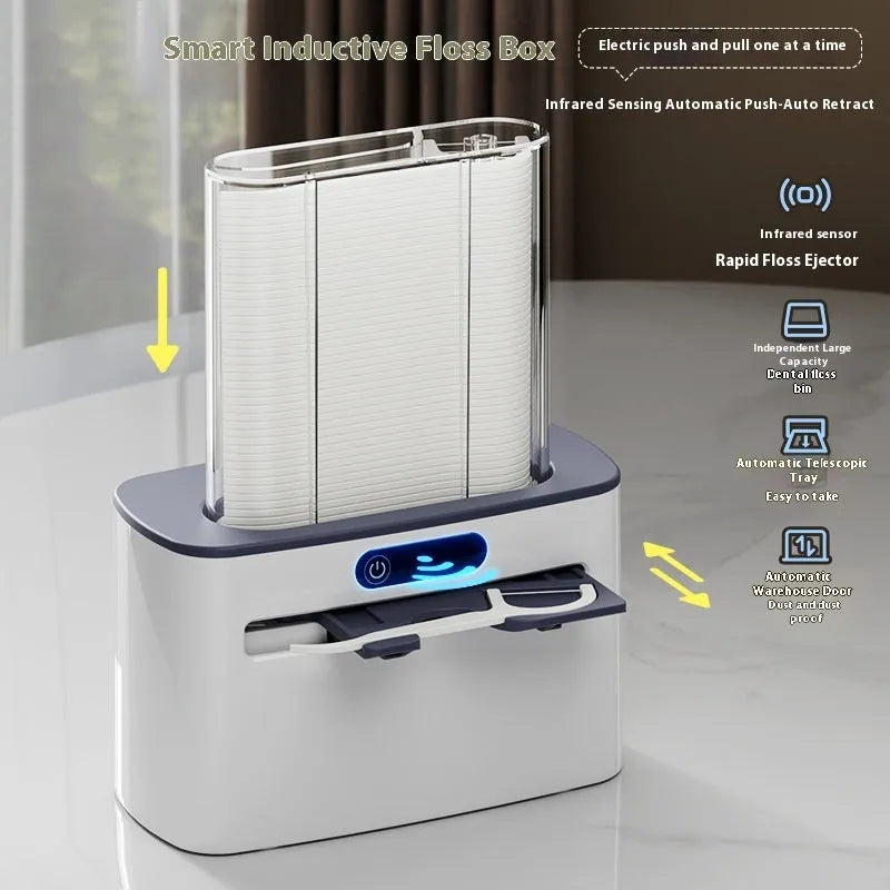 Intelligent induction dental floss box in dark grey, light grey, and gold colour options.
