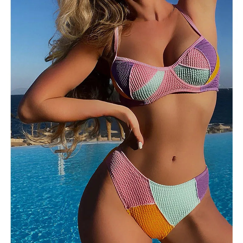 Colour block ladies push up bikini set with steel bracket support, shown with top and shorts.