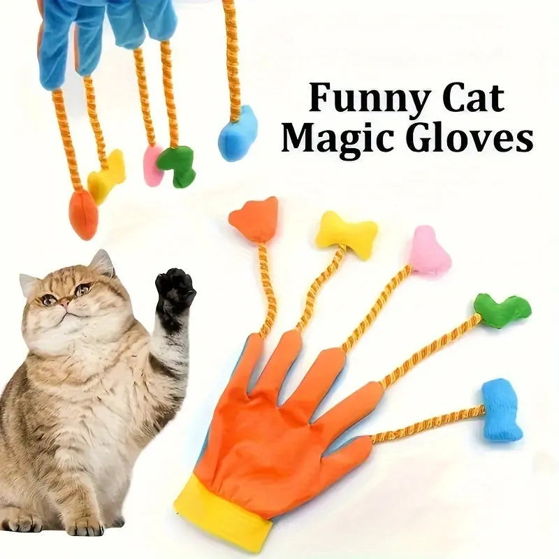 Yellow and blue Magic Glove cat teaser toy with plush bell trailer on a 40cm long handle.