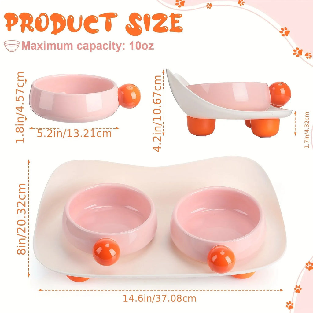 Ceramic raised double bowl set for pet food and water with a non-slip base in yellow.
