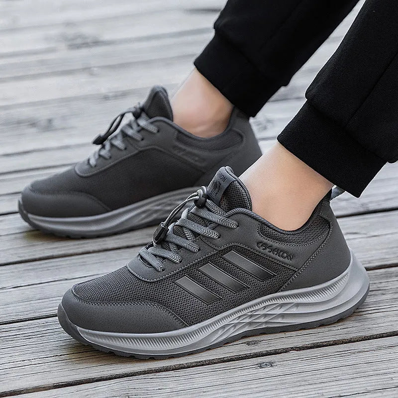 Men's and women's slip-on mom shoes with elastic band and breathable mesh upper in various colours.