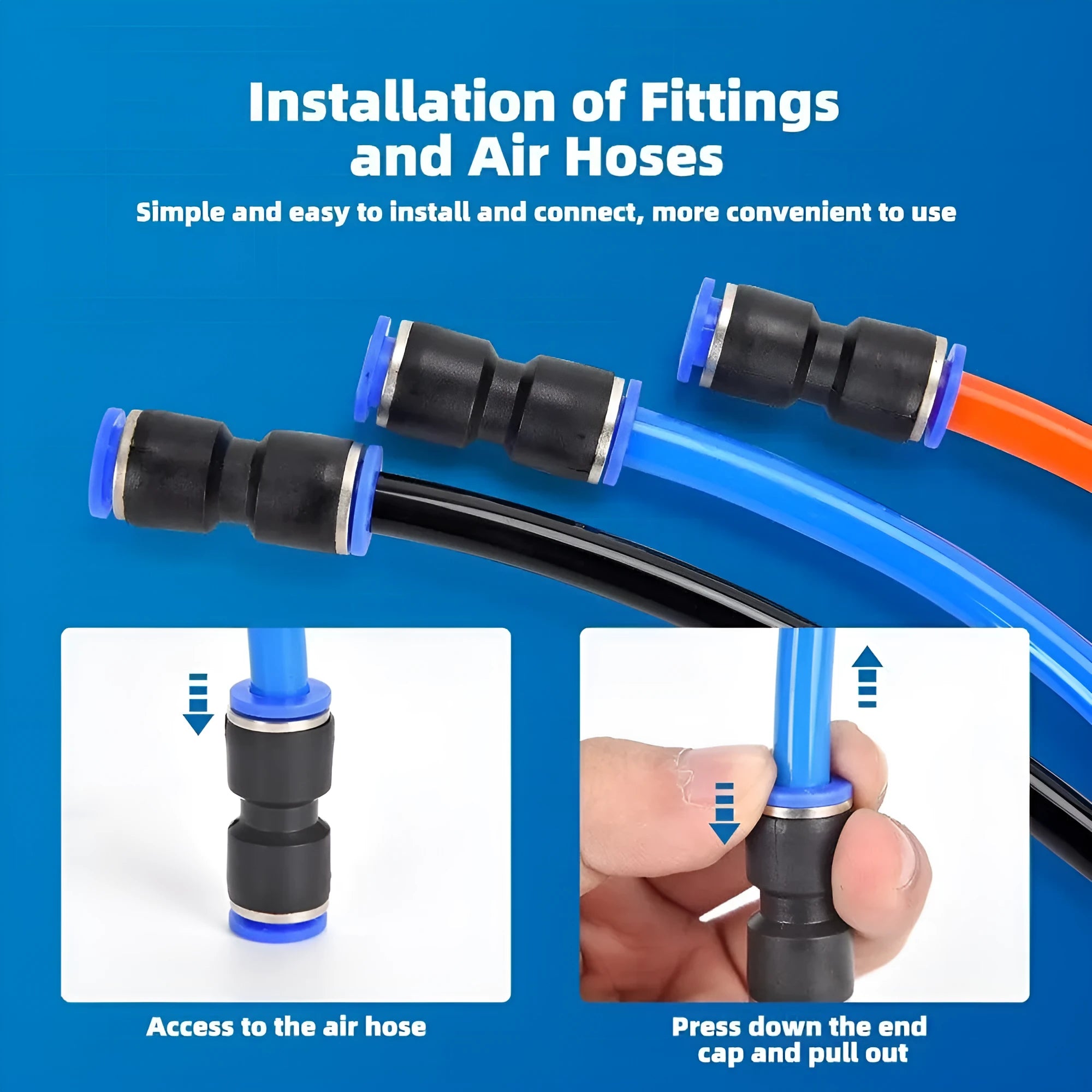 60-piece pneumatic push-in connector kit with R1/4 and R1/2 fittings for air tool systems