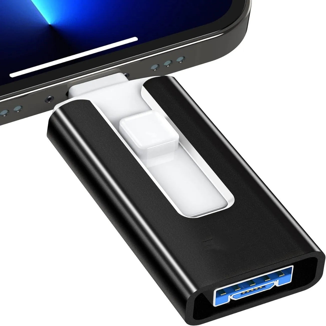 Multifunctional metal thumb drive with push pull connector in silver against neutral background