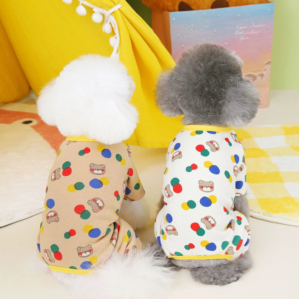 Dog pet clothes with colourful ball bear design in beige or light brown, cotton blend, sizes S-XXL