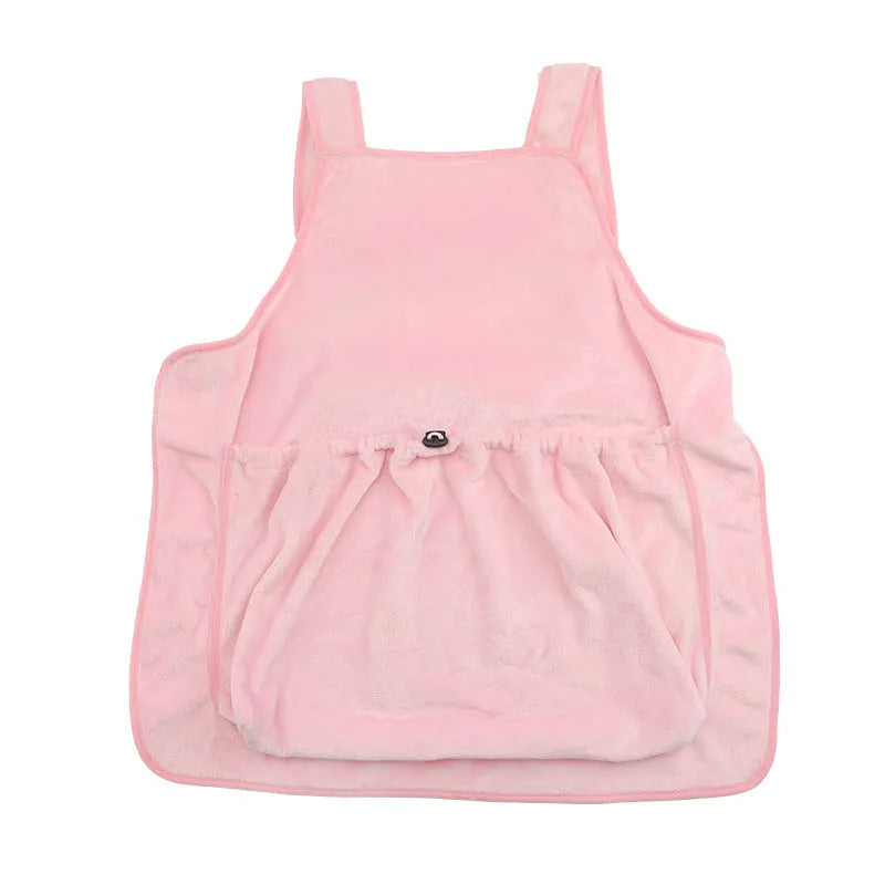 Plush adjustable pet carrier apron bag for small dogs and cats, shown in beige colour.