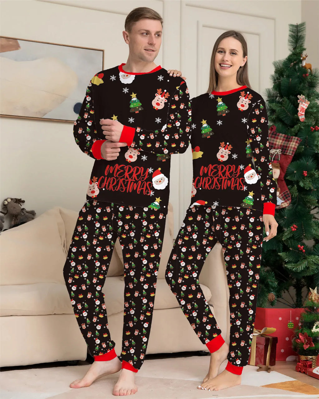 Family Christmas matching pajamas set in 95% cotton with plaid and cartoon designs for parents, children, and dogs