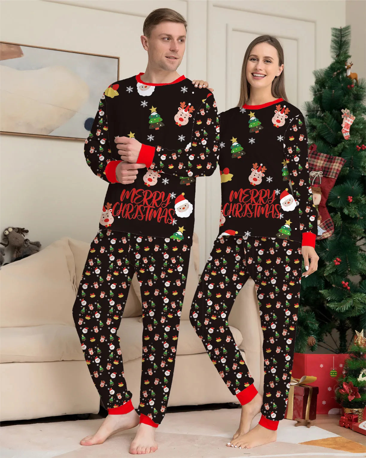 Family Christmas matching pajamas set in 95% cotton with plaid and cartoon designs for parents, children, and dogs