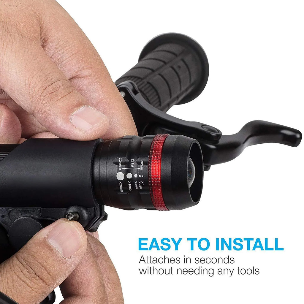 Bicycle front headlight and red rear taillight set with a black mounting bracket.