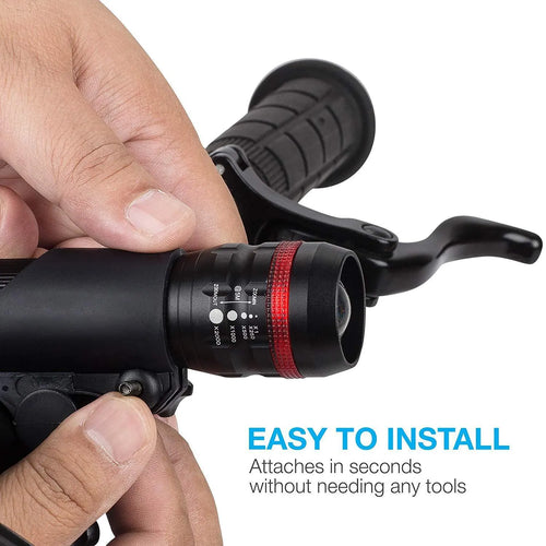 Bicycle front headlight and red rear taillight set with a black mounting bracket.