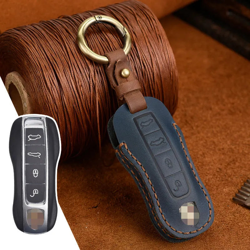 Porsche leather key cover with retro bag buckle in blue and brown colour options