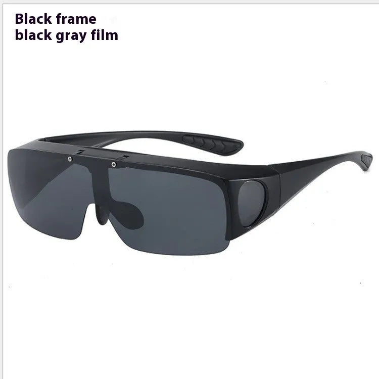 Polarised sports sunglasses with one-piece myopia correction lenses in a dark tint, suitable for cycling and climbing.