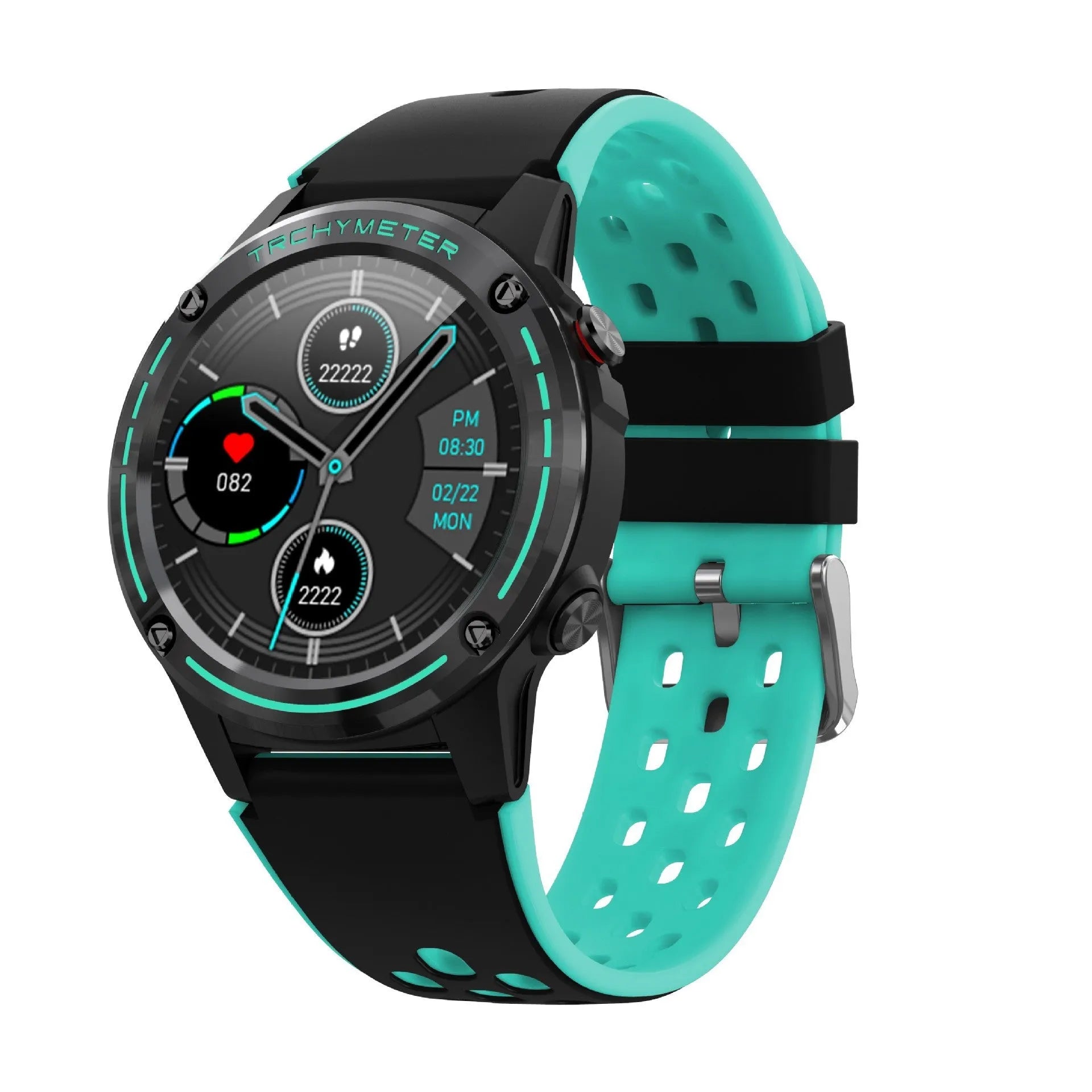 GPS smart watch with silicone sports bracelet showing four colour options: blue, black, cyan, and silver black