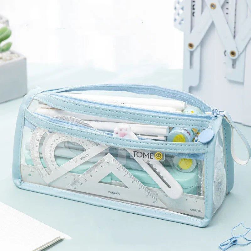 Transparent double-layer pencil case showing beige, blue, pink, purple colour options with 220x110x80mm dimensions