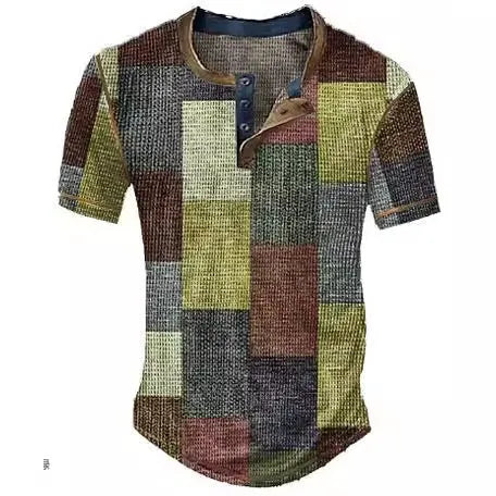 Men's graphic plaid colour block waffle henley short sleeve shirt, front view, regular fit, available in multiple colours