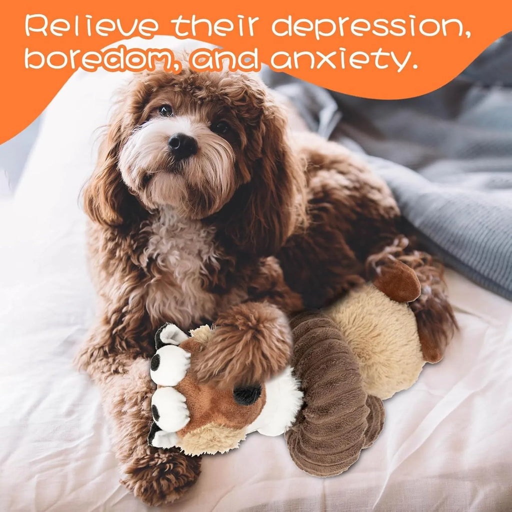 Brown, grey, and yellow foldable plush dog toy with squeaker and crinkle material.