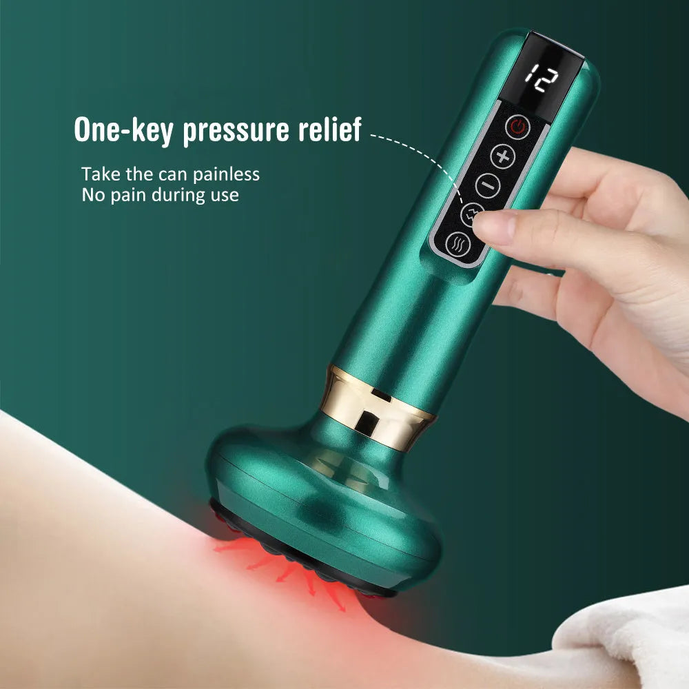 Green electric vacuum cupping massager with suction cup and charging cable