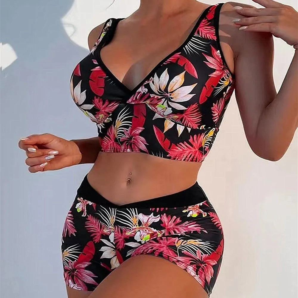 Women's two-piece swimsuit set with sleeveless top and printed boxer briefs in multiple colour options