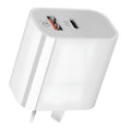 White dual port USB charger with Australian plug showing USB-A and USB-C ports