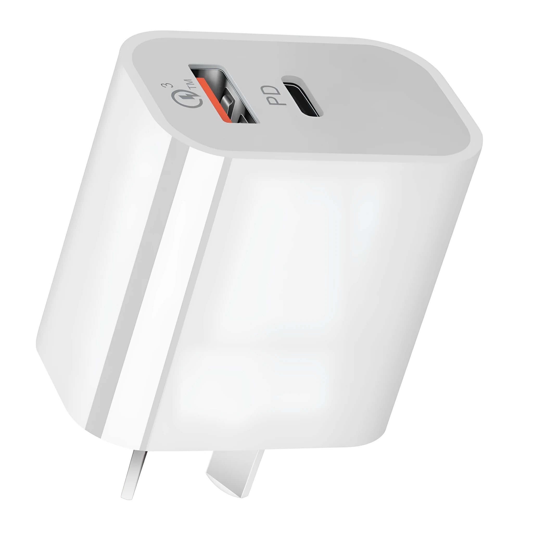 White dual port USB charger with Australian plug showing USB-A and USB-C ports