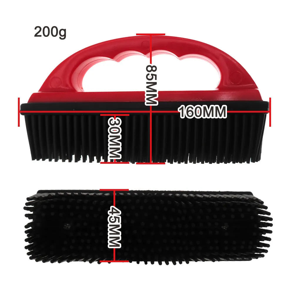Red pet hair removal brush for grooming and carpet cleaning, dimensions 160mm by 85mm.