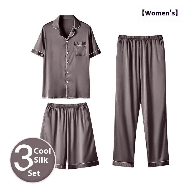 Men's ice silk three-piece home wear set in thin fabric showing top, shorts, and trousers.