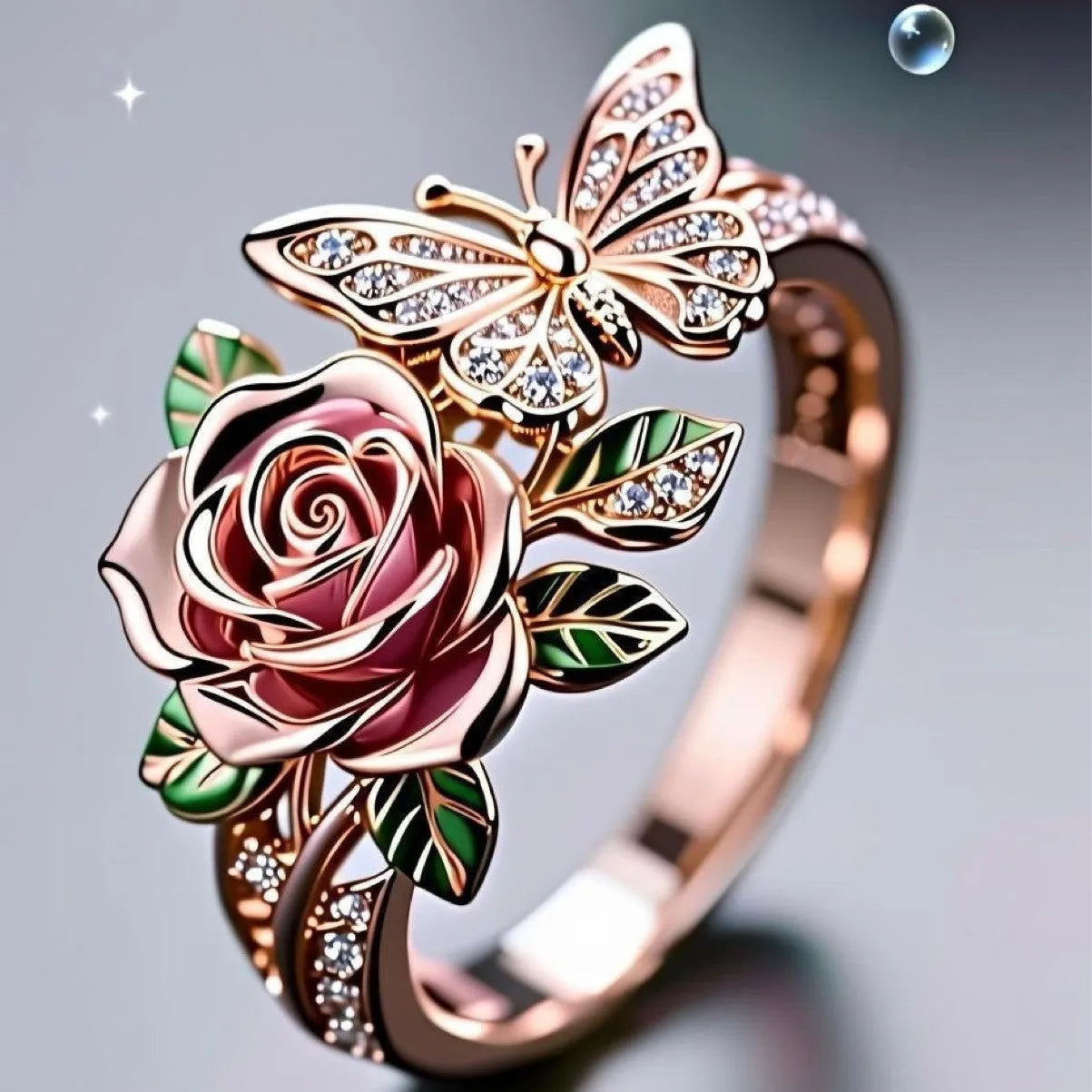 Adjustable oil drip butterfly personality ring showing colourful fairy style design with flower and insect modelling