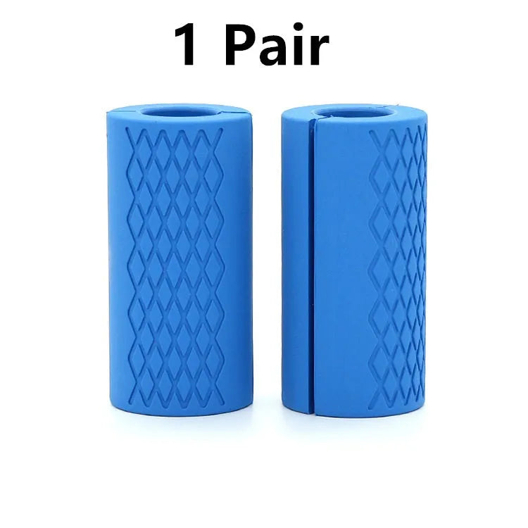 Set of fashion silicone dumbbell and barbell grips in round and grid patterns, black and blue, food-grade material