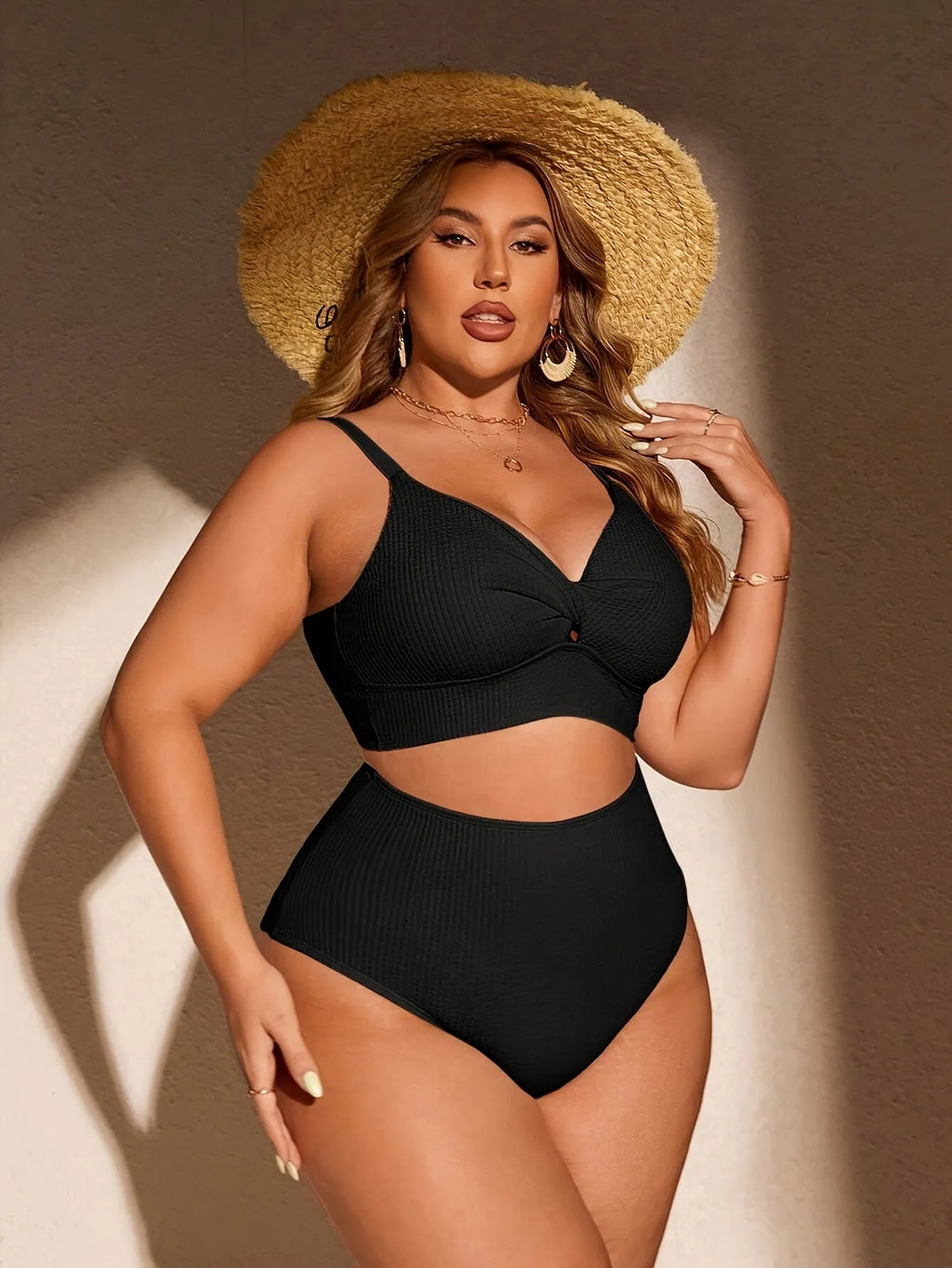 Women's black two-piece bikini set in plus size polypropylene fibre fabric