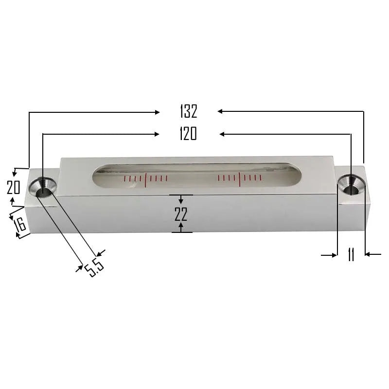 Metal and glass mini strip spirit level showing 132mm length for machine tool measurement