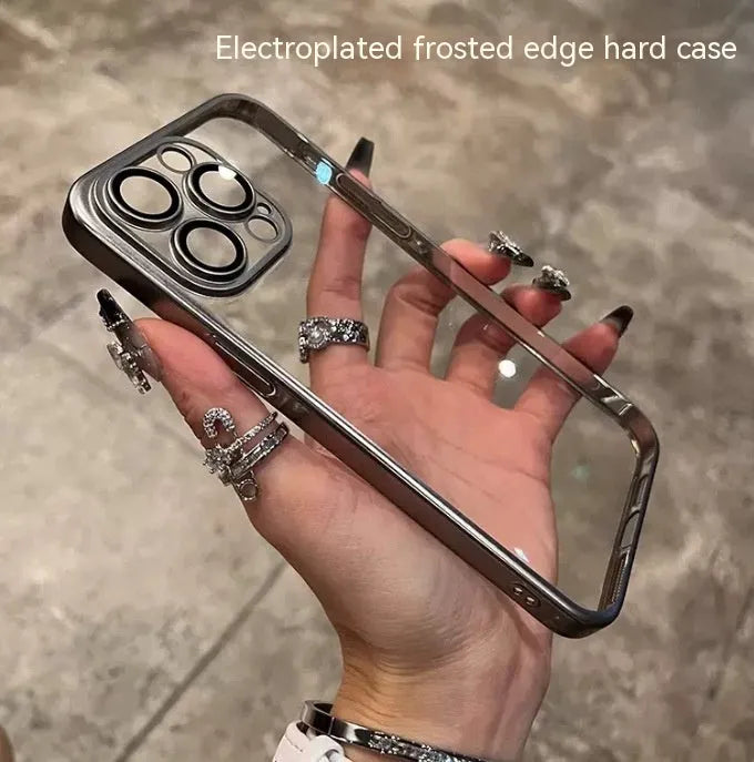 Electroplated frosted edge PC phone case in original machine gray for iPhone, showing all-inclusive back and side coverage