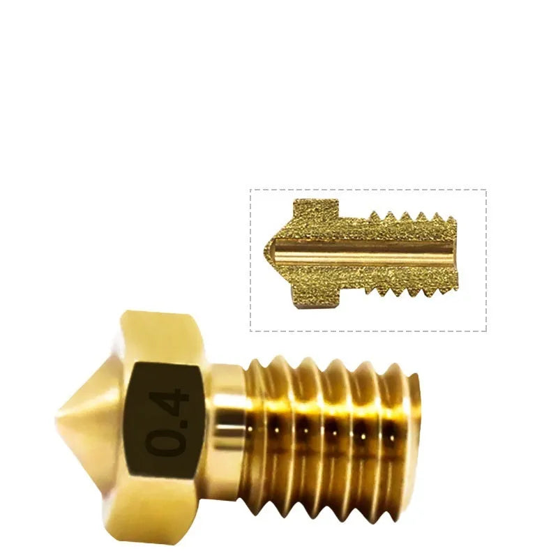 Brass 3D printer nozzle with M6 thread, shown next to a ruler for scale displaying 12.5mm length.