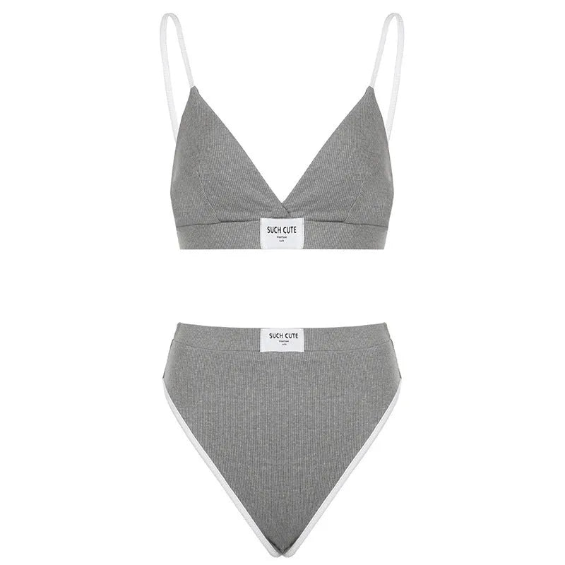 Women's embroidered bikini set with contrast colour binding in black, grey or white colours