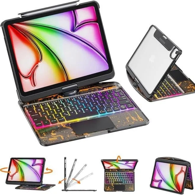 Transparent rotating wireless keyboard case for iPad Air 5 tablet showing 360-degree hinge mechanism